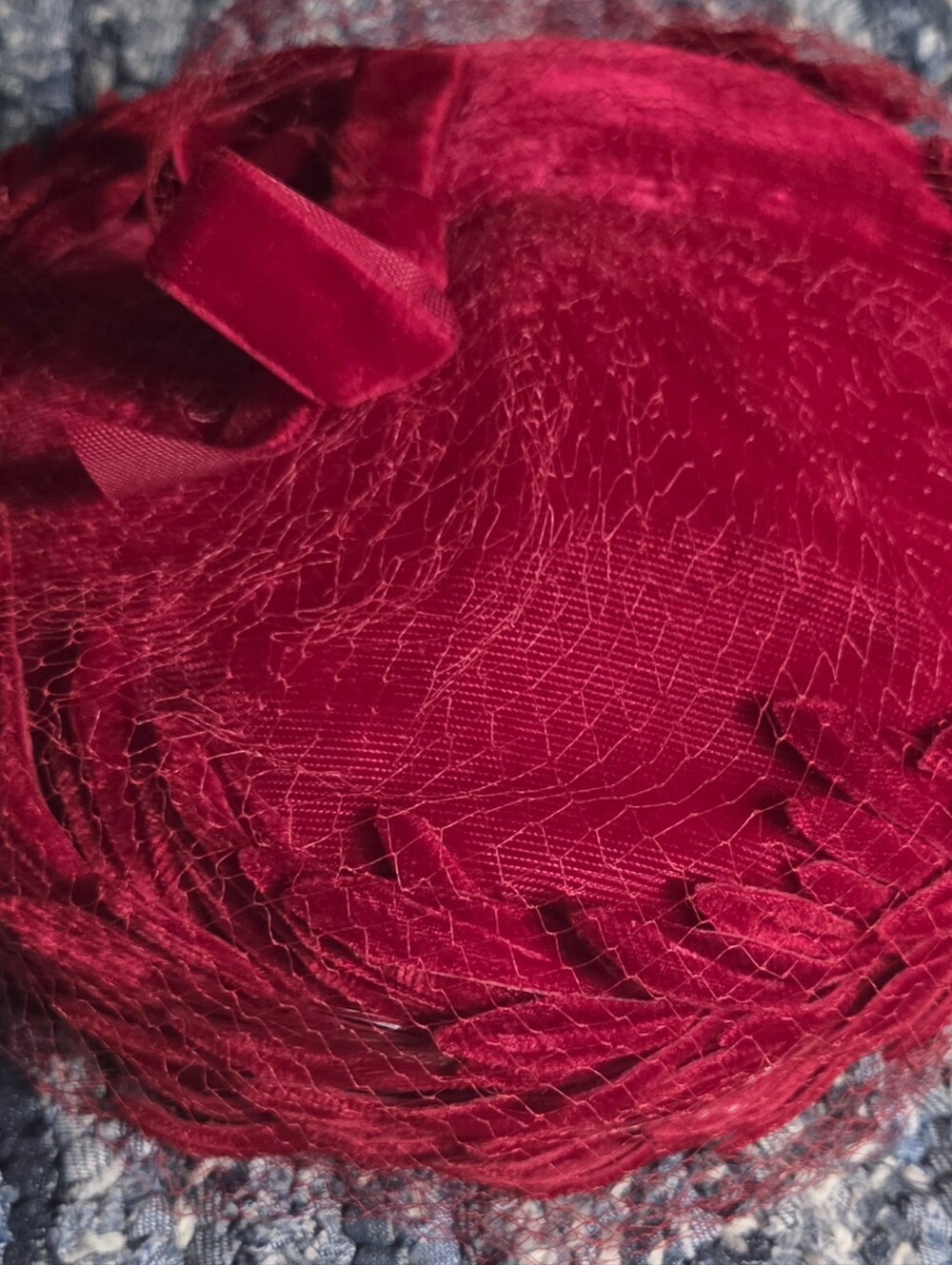 Vintage Red Velvetlike Feathers Bow with Net Pillbox Hat